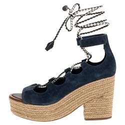 مملوكة مسبقًا صندل تورى برش ملتف علي الكاحل كعب روكى بوسيتانو سويدى أزرق مقاس 38.5