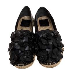 Pre Owned حذاء إسبادريلز توري برش بلوسوم جلد أسود أبليك زهرة مقاس 38