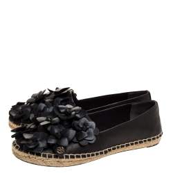 Pre Owned حذاء إسبادريلز توري برش بلوسوم جلد أسود أبليك زهرة مقاس 38