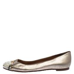 Tory Burch Metallic Gold Leather And Snake Print Cap Toe Bar Logo Ballet Flats Size 37