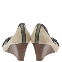Pre Owned Tory Burch Beige Canvas And Green Leather Trim Wedge Peep Toe Pumps Size 39