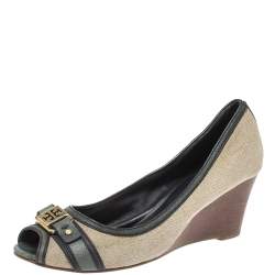 Pre Owned Tory Burch Beige Canvas And Green Leather Trim Wedge Peep Toe Pumps Size 39