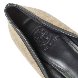 Pre Owned Tory Burch Beige Canvas And Green Leather Trim Wedge Peep Toe Pumps Size 39