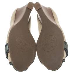 Pre Owned Tory Burch Beige Canvas And Green Leather Trim Wedge Peep Toe Pumps Size 39