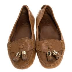 Tory Burch Tan Leather Lawrence Tassel And Logo Embellished Loafers Size 36.5