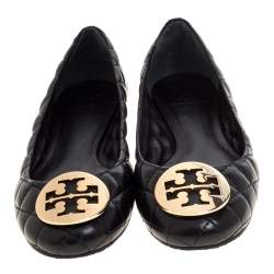 Pre Owned Tory Burch Black Quilted Leather Quinn Ballet Flats Size 37.5