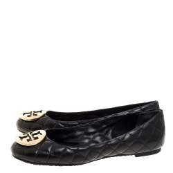 Pre Owned Tory Burch Black Quilted Leather Quinn Ballet Flats Size 37.5