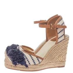 Pre Owned Tory Burch White/Blue Canvas And Leather Espadrille Wedge Platform Ankle Strap Sandals Size 36.5