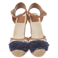 Pre Owned Tory Burch White/Blue Canvas And Leather Espadrille Wedge Platform Ankle Strap Sandals Size 36.5