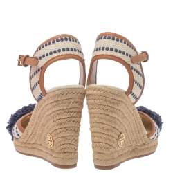 Pre Owned Tory Burch White/Blue Canvas And Leather Espadrille Wedge Platform Ankle Strap Sandals Size 36.5