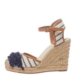 Pre Owned Tory Burch White/Blue Canvas And Leather Espadrille Wedge Platform Ankle Strap Sandals Size 36.5