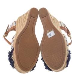 Pre Owned Tory Burch White/Blue Canvas And Leather Espadrille Wedge Platform Ankle Strap Sandals Size 36.5