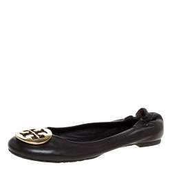 Pre Owned Tory Burch Brown Leather Minnie Scrunch Ballet Flats Size 37