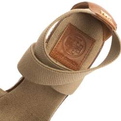 Pre Owned Tory Burch Beige Canvas and Leather Trim Criss Cross Wedge Sandals Size 37.5
