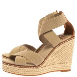 Pre Owned Tory Burch Beige Canvas and Leather Trim Criss Cross Wedge Sandals Size 37.5