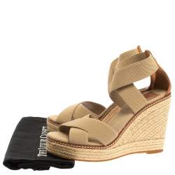 Pre Owned Tory Burch Beige Canvas and Leather Trim Criss Cross Wedge Sandals Size 37.5