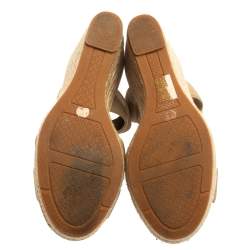 Pre Owned Tory Burch Beige Canvas and Leather Trim Criss Cross Wedge Sandals Size 37.5
