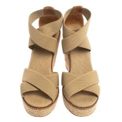 Pre Owned Tory Burch Beige Canvas and Leather Trim Criss Cross Wedge Sandals Size 37.5