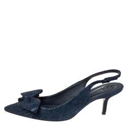 Pre Owned Tory Burch Blue Textured Suede Rosalind Bow Slingback Sandals Size 39.5