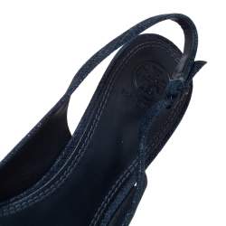 Pre Owned Tory Burch Blue Textured Suede Rosalind Bow Slingback Sandals Size 39.5