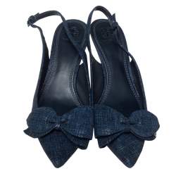 Pre Owned Tory Burch Blue Textured Suede Rosalind Bow Slingback Sandals Size 39.5