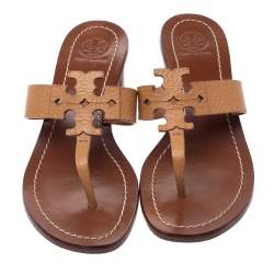 مملوكة مسبقًا Tory Burch Brown Textured Leather Moore Thong Slide Sandals Size 37