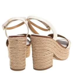 مملوكة مسبقًا Tory Burch White Laser Cut Out Leather Espadrille Platform Ankle Strap Sandals Size 36