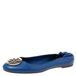 Tory Burch Blue Leather Minnie Scrunch Ballet Flats Size 40