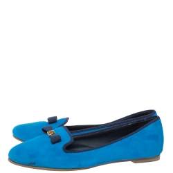 Tory Burch Blue Suede Leather Bow Slip On Loafers Size 38