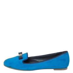 Tory Burch Blue Suede Leather Bow Slip On Loafers Size 38