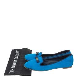 Tory Burch Blue Suede Leather Bow Slip On Loafers Size 38