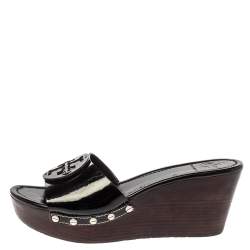 Pre Owned Tory Burch Black Patent Leather Wedge Open Toe Clog Sandals Size 40