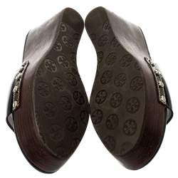 Pre Owned Tory Burch Black Patent Leather Wedge Open Toe Clog Sandals Size 40