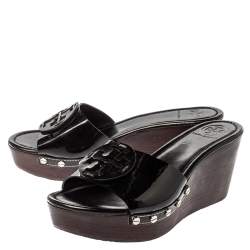 Pre Owned Tory Burch Black Patent Leather Wedge Open Toe Clog Sandals Size 40