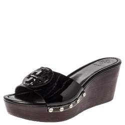 Pre Owned Tory Burch Black Patent Leather Wedge Open Toe Clog Sandals Size 40