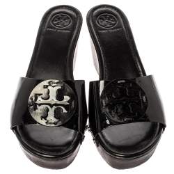 Pre Owned Tory Burch Black Patent Leather Wedge Open Toe Clog Sandals Size 40