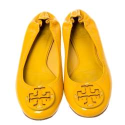 Pre Owned Tory Burch Yellow Patent Leather Reva Scrunch Ballet Flats Size 38