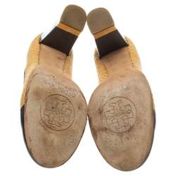 مملوكة مسبقًا حذاء كعب عالي توري برش رافية وجلد لامع بيج/أزرق مقدمة مستديرة مقاس 40