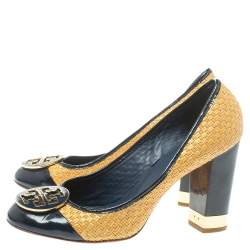 مملوكة مسبقًا حذاء كعب عالي توري برش رافية وجلد لامع بيج/أزرق مقدمة مستديرة مقاس 40