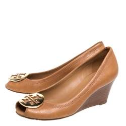 Pre Owned Tory Burch Brown Leather Wedge Peep Toe Pumps Size 37
