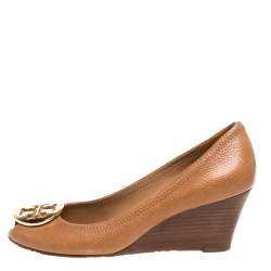 Pre Owned Tory Burch Brown Leather Wedge Peep Toe Pumps Size 37