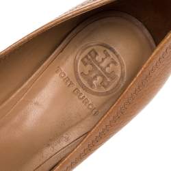 Pre Owned Tory Burch Brown Leather Wedge Peep Toe Pumps Size 37