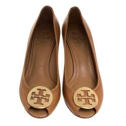 Pre Owned Tory Burch Brown Leather Wedge Peep Toe Pumps Size 37