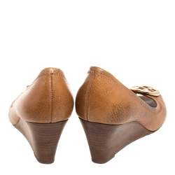 Pre Owned Tory Burch Brown Leather Wedge Peep Toe Pumps Size 37