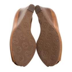 Pre Owned Tory Burch Brown Leather Wedge Peep Toe Pumps Size 37