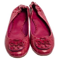 مملوكة مسبقًا Tory Burch Pink Croc Textured Patent Leather Reva Ballet Flats Size 38