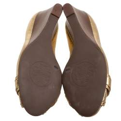 Pre Owned Tory Burch Gold Leather Peep Toe Wedge Pumps Size 40