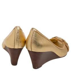 Pre Owned Tory Burch Gold Leather Peep Toe Wedge Pumps Size 40