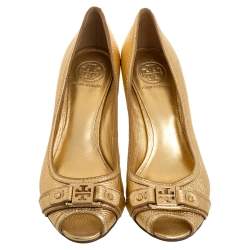 Pre Owned Tory Burch Gold Leather Peep Toe Wedge Pumps Size 40