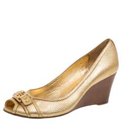 Pre Owned Tory Burch Gold Leather Peep Toe Wedge Pumps Size 40